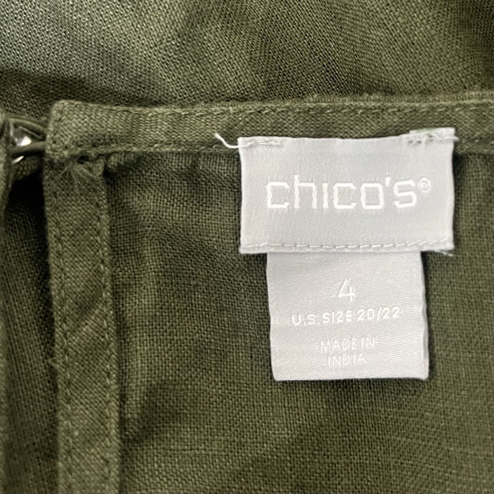 Chicos Linen Top Womens 4 US 20/22 2X Olive Green Relaxed Chest Pocket Lagenlook - Picture 6 of 9